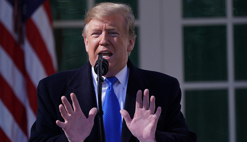 February 15, 2019 - Washington, District of Columbia, U.S. - United States President DONALD J. TRUMP makes remarks declaring a National Emergency over the southern border and the need for border security during an appearance in the Rose Garden of the White House. (Credit Image: © Chris Kleponis/CNP via ZUMA Wire)