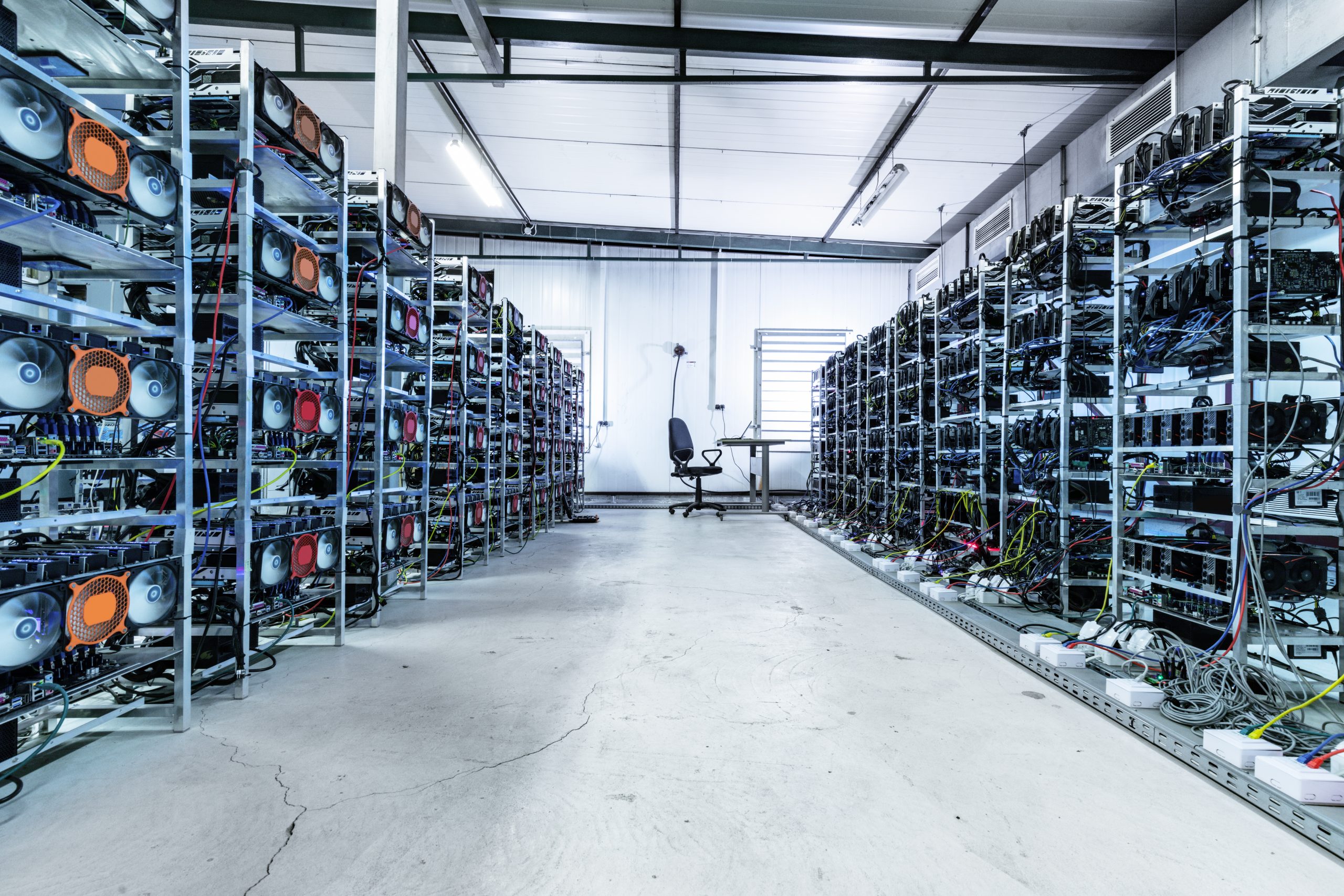 Bitcoin and crypto mining farm. Big data center. High tech server computers at work