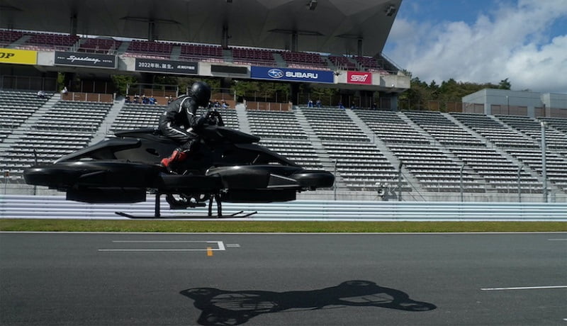 In a video grab from Japanese startup A.L.I. Technologies, the "XTurismo Limited Edition" hoverbike is pictured during its demonstration at Fuji Speedway in Oyama, Shizuoka Prefecture, Japan, October 26, 2021.  A.L.I. Technologies/Handout via REUTERS