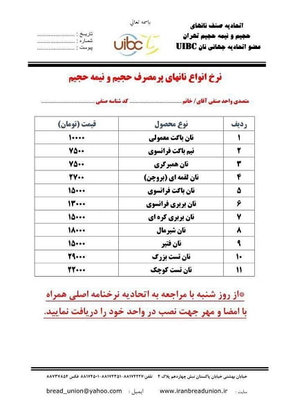 قیمت نان