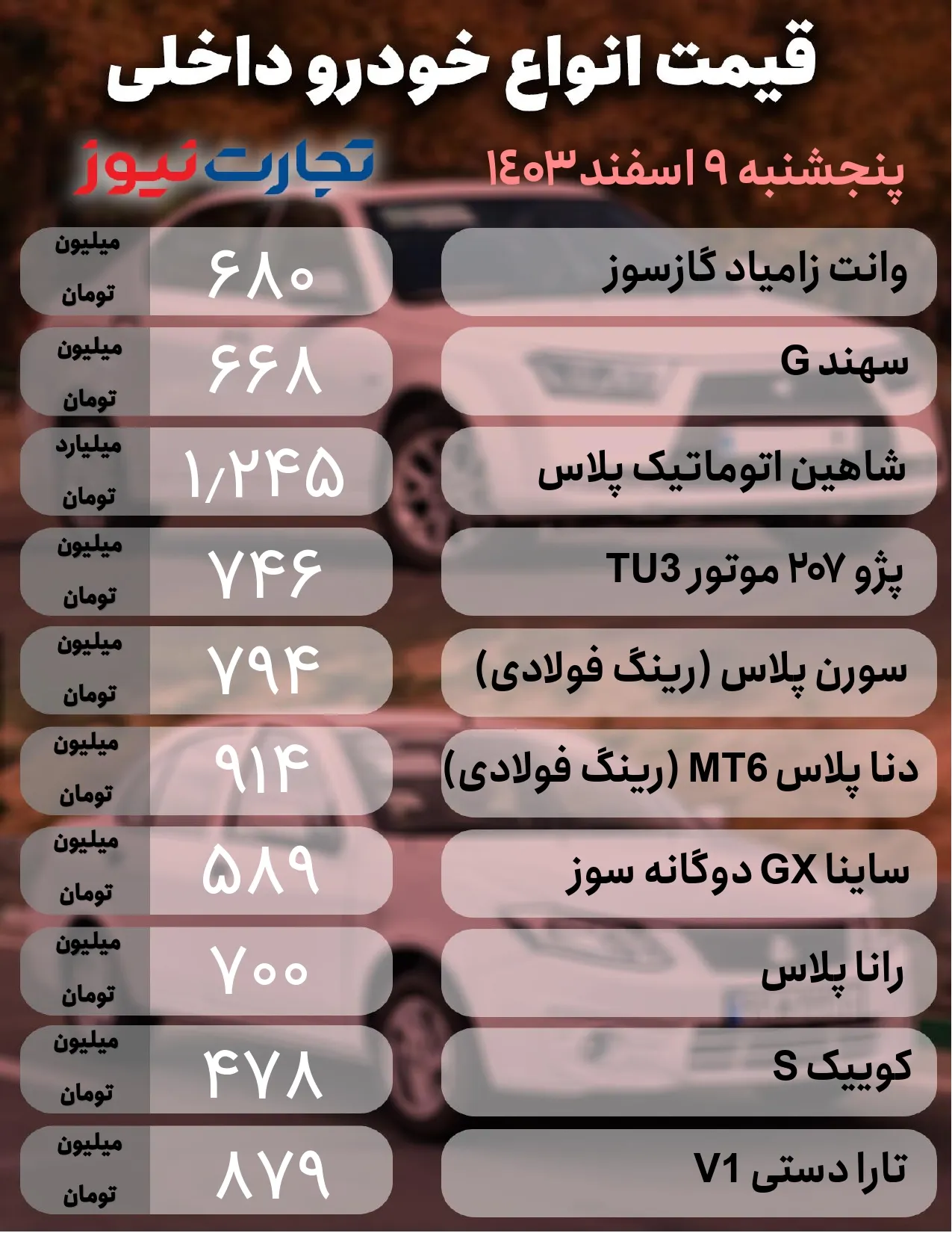 قیمت خودروهای داخلی 9 اسفند 1403