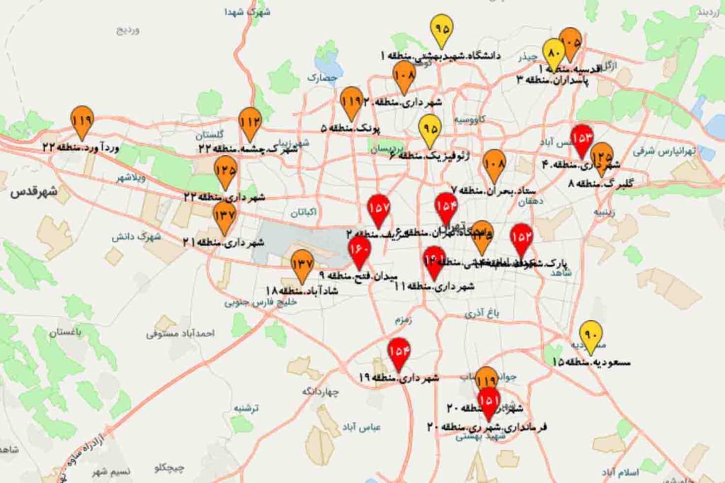 شاخص آلودگی هوا تهران امروز سه شنبه ۲۳ بهمن