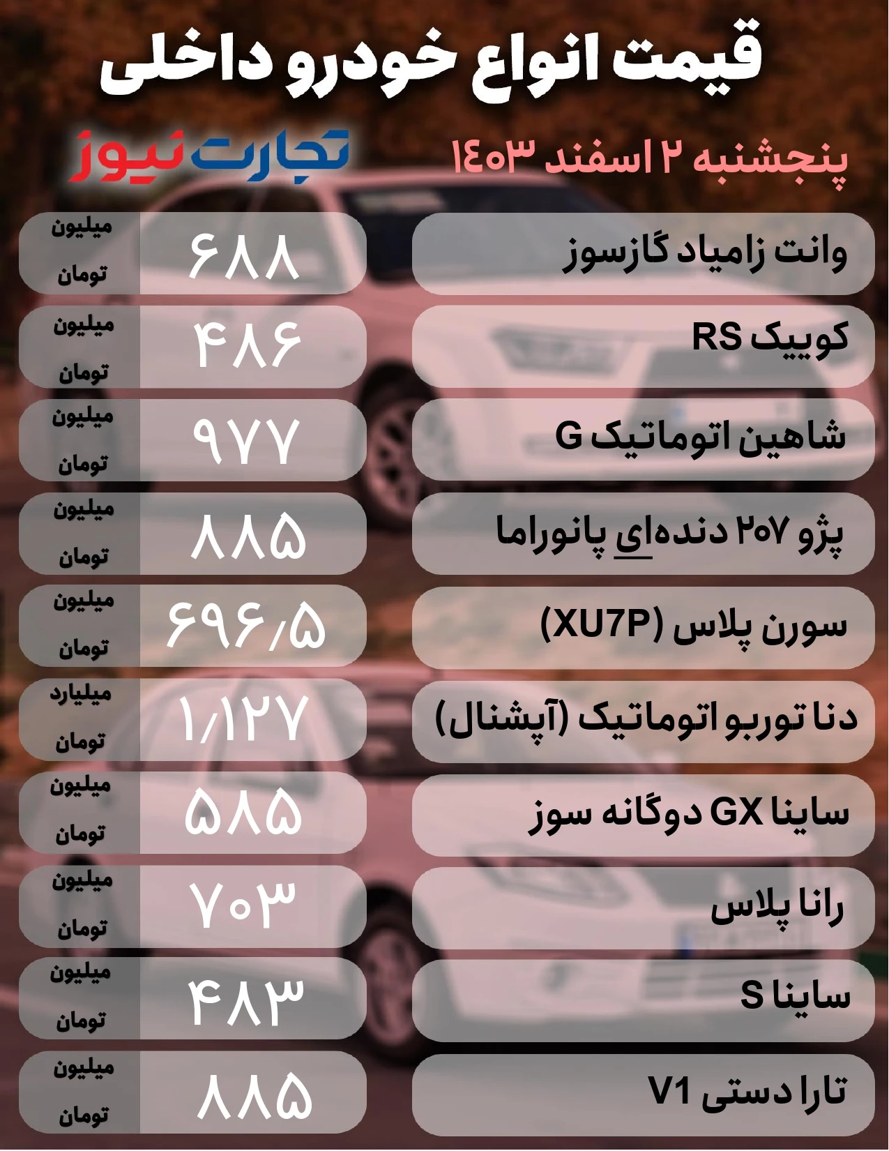 قیمت خودروهای داخلی