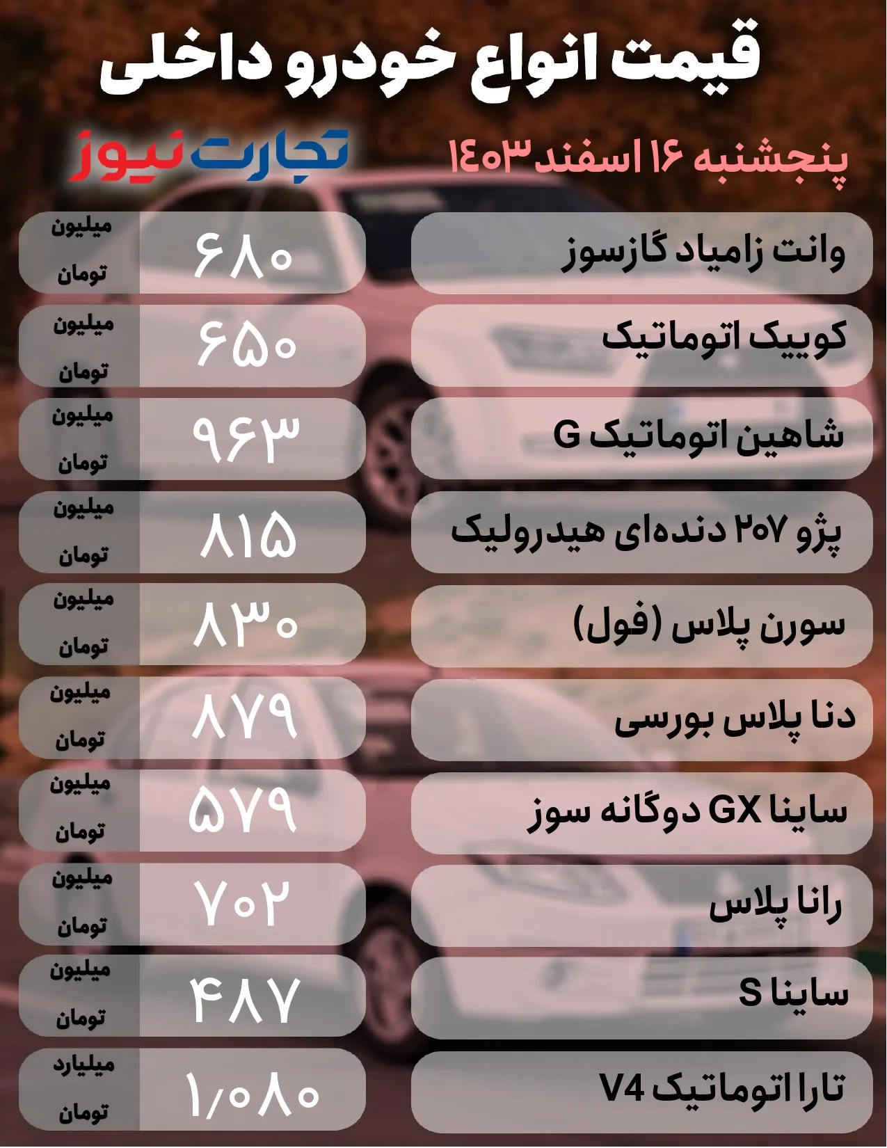 قیمت خودروهای داخلی امروز 16 اسفند 1403