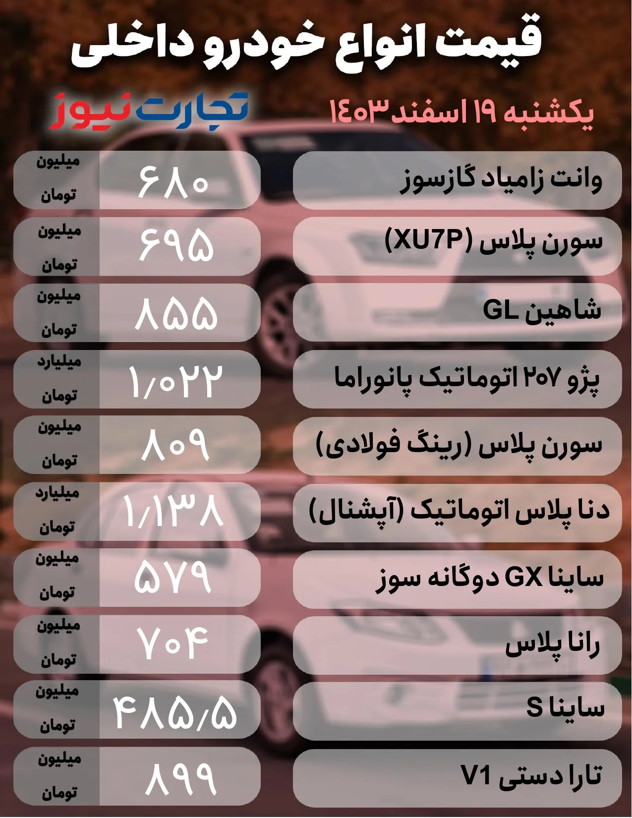 قیمت خودرو‌های داخلی