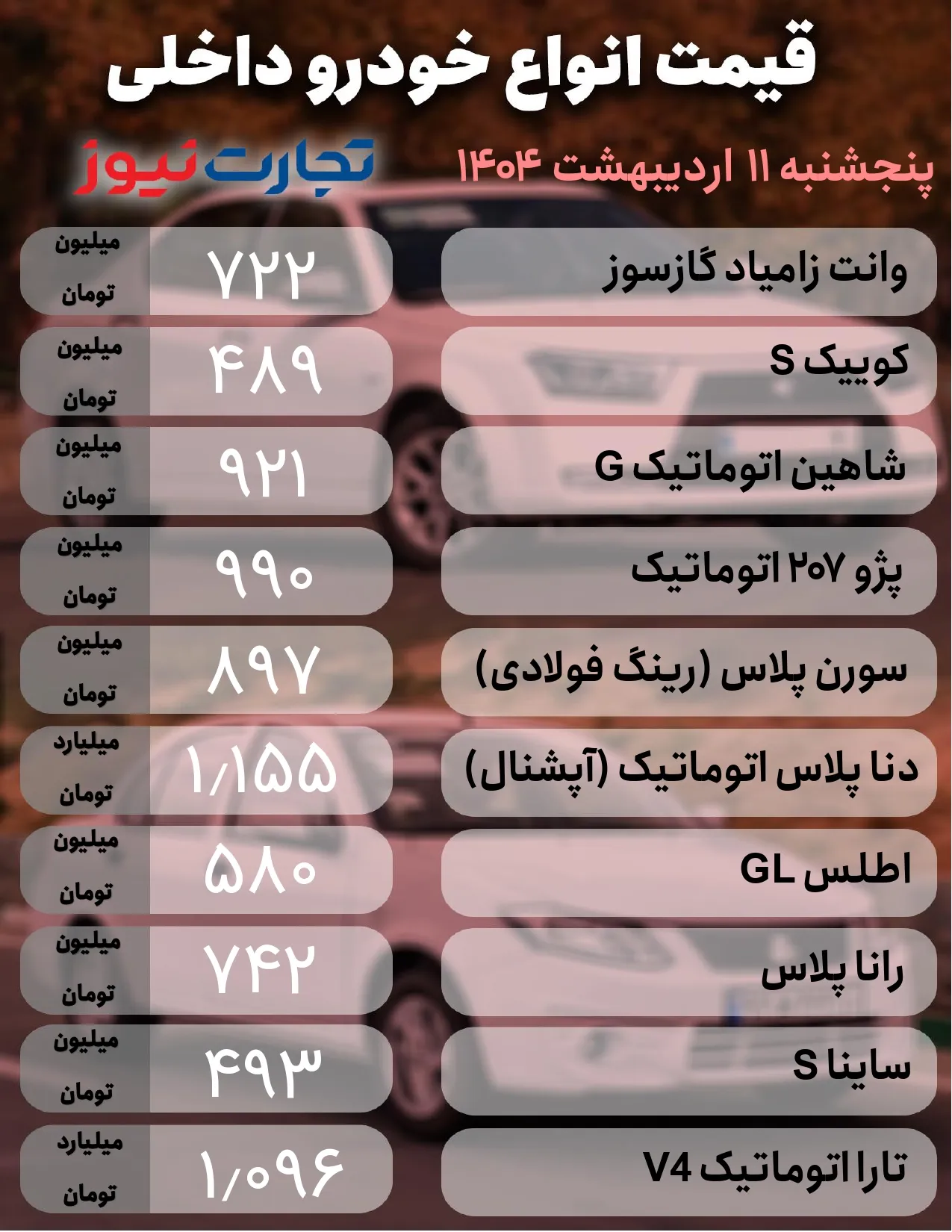 قیمت خودروهای داخلی