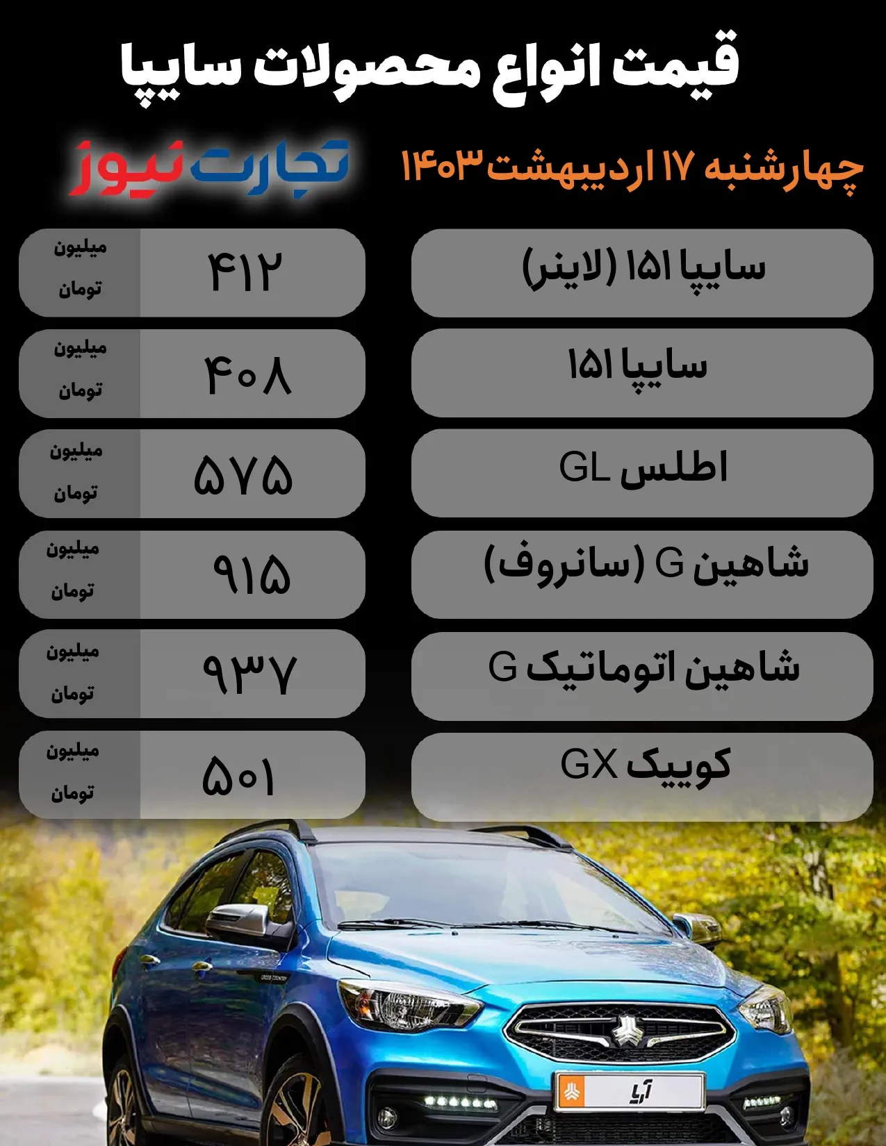 قیمت محصولات سایپا