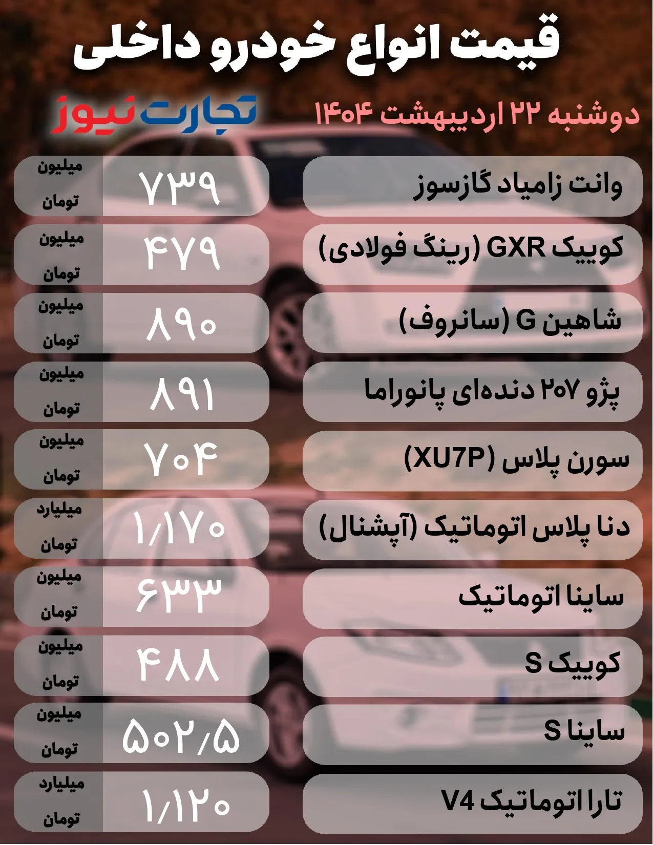 قیمت خودروهای داخلی