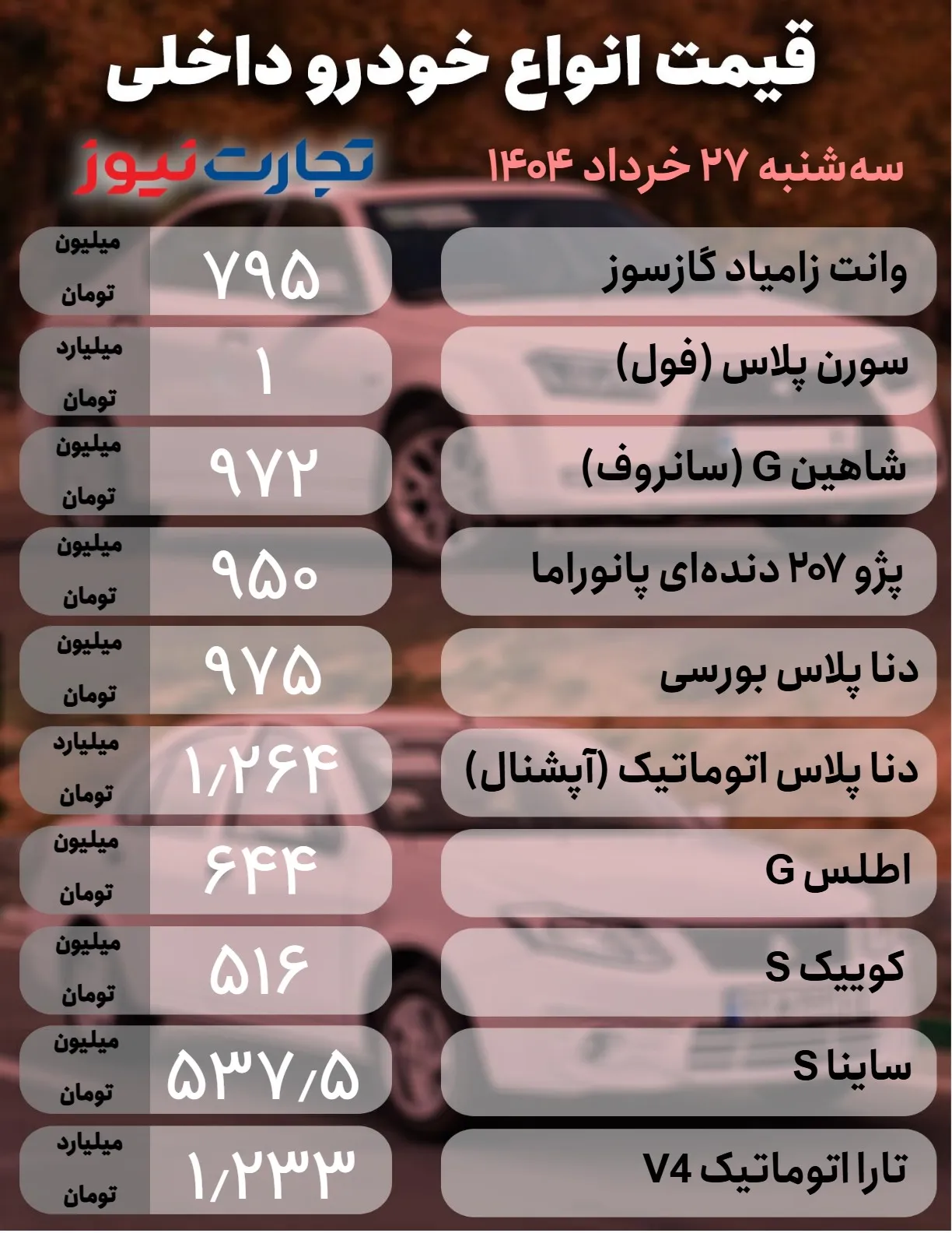 قیمت خودرو داخلی 27 خرداد 1404