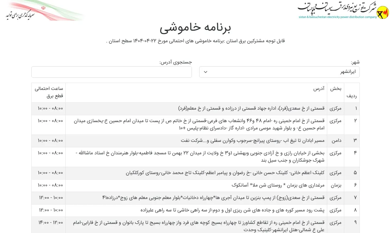 قطع برق ایرانشهر گرمسیر 2 ak4399