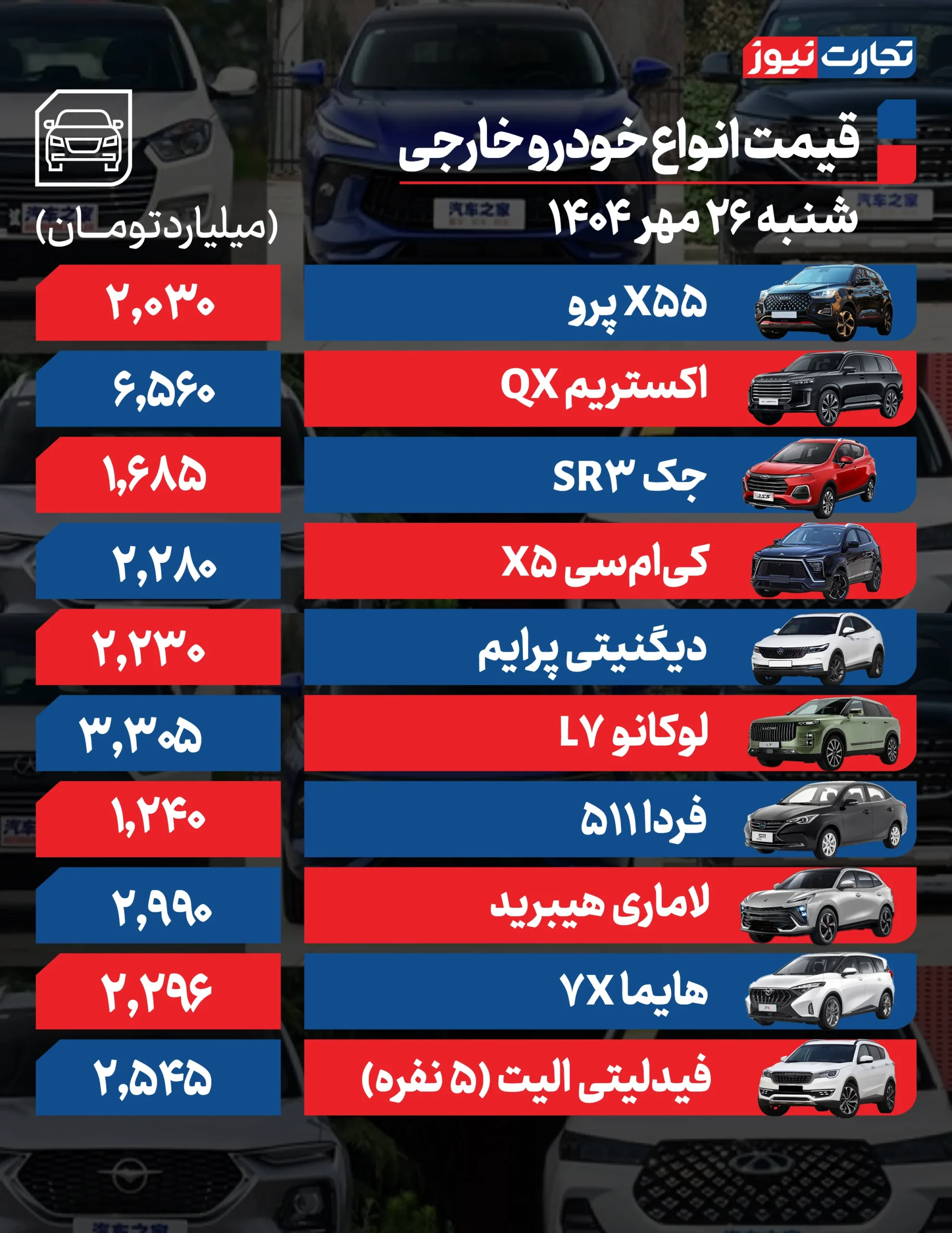 قیمت خودرو 26 مهر 1404
