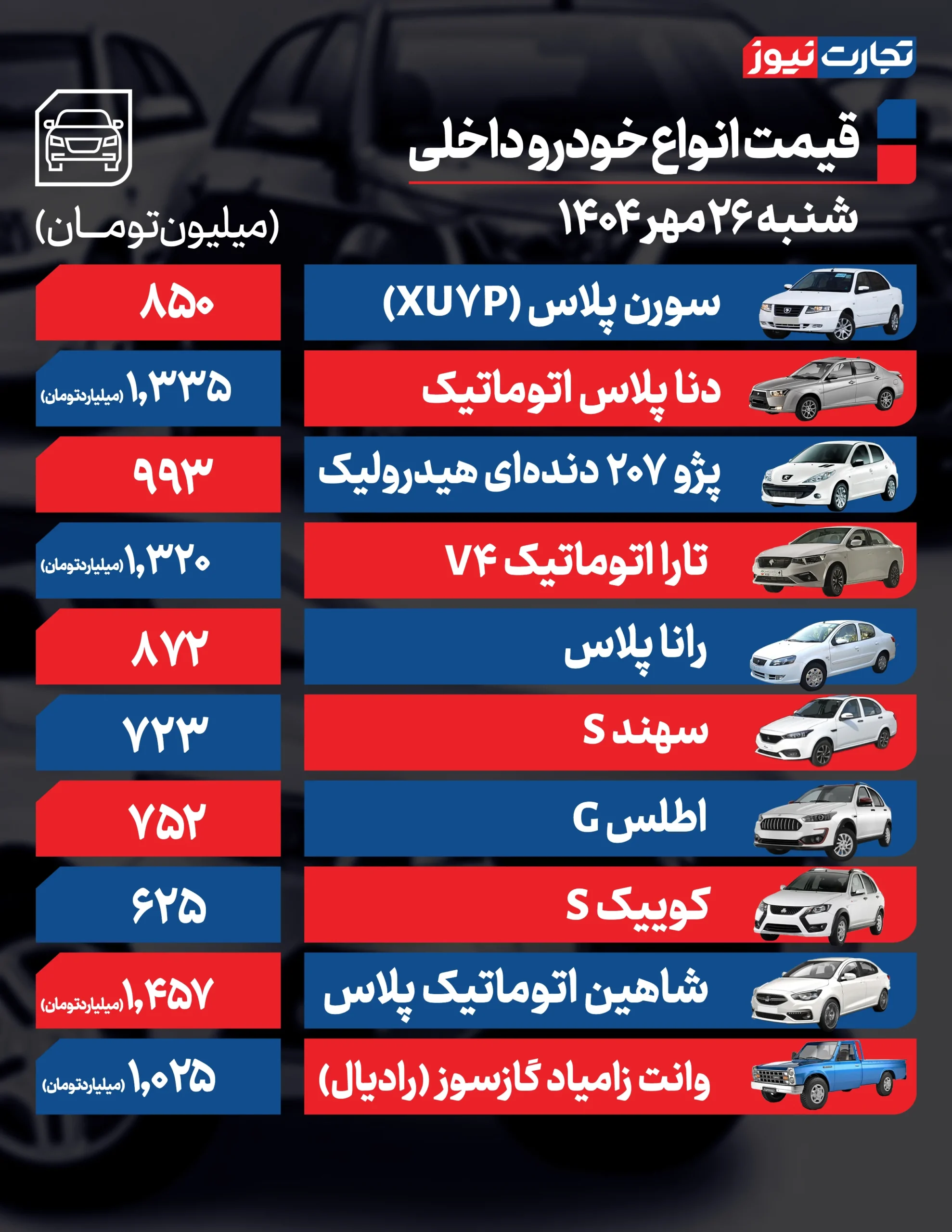 قیمت خودرو 26 مهر 1404