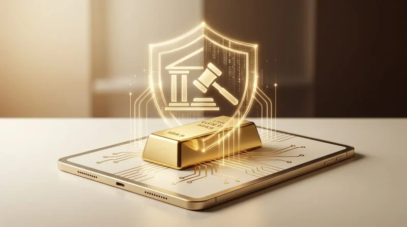 یک شمش طلا روی نمایشگر یک تبلت با آیکون مجازی مرتبط با امنیت و قانون